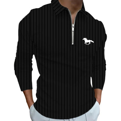 100% Polyester Fiber Zipper Striped Long Sleeved Polo Shirt Light Mature and Fashionable Men's Top Item - LKBA