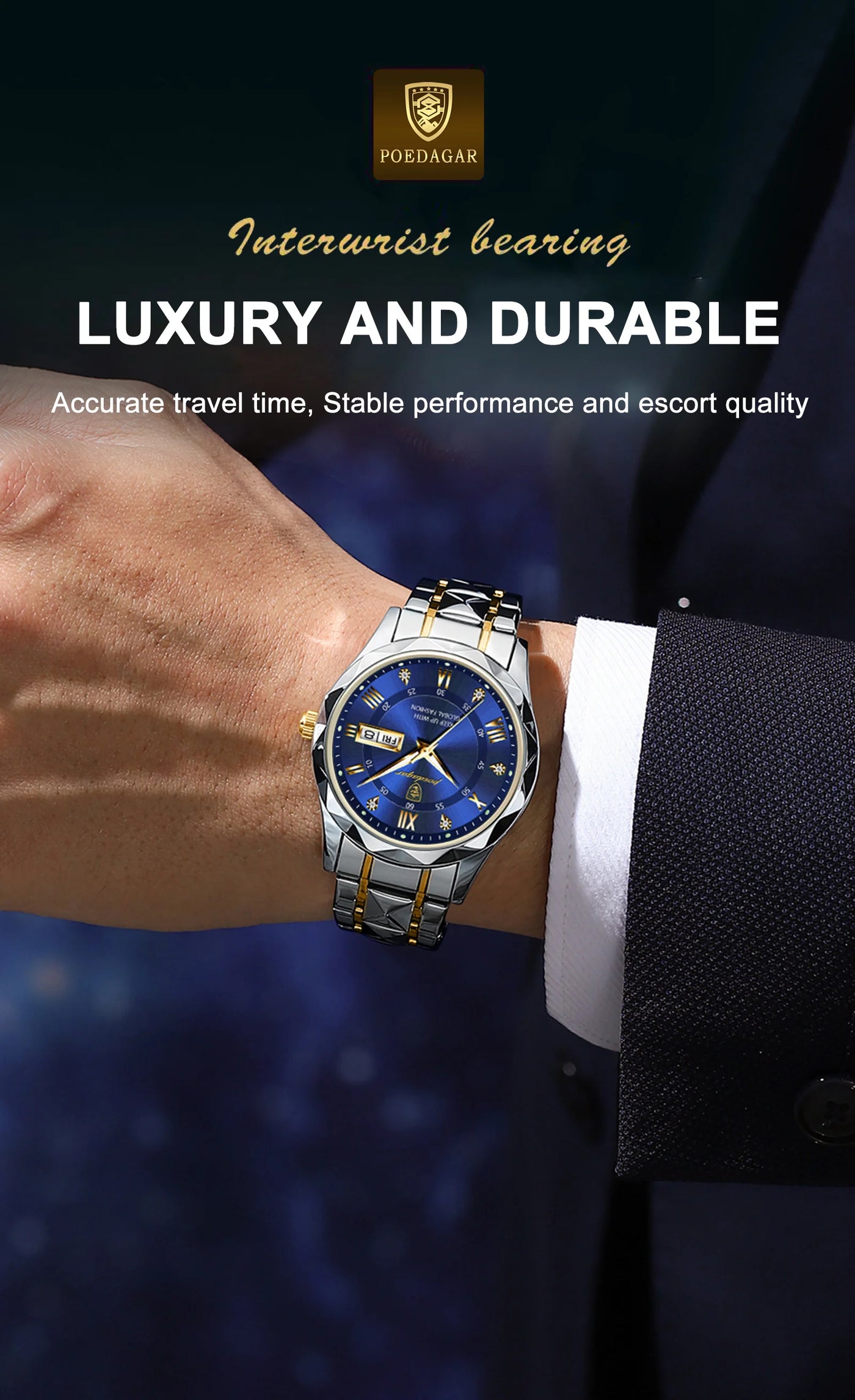 POEDAGAR Top Brand Luxury Men's Watches Waterproof Luminous Calendar Week Watch For Man Casual Stainless Steel Quartz Men Watch - LKBA
