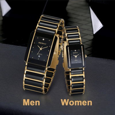 BERNY Ceramic Quartz Men Watch Fashion Luxury Rectangle Wristwatch XV12 Waterproof Calendar Diamon Black Gold Couple Gifts Watch - LKBA