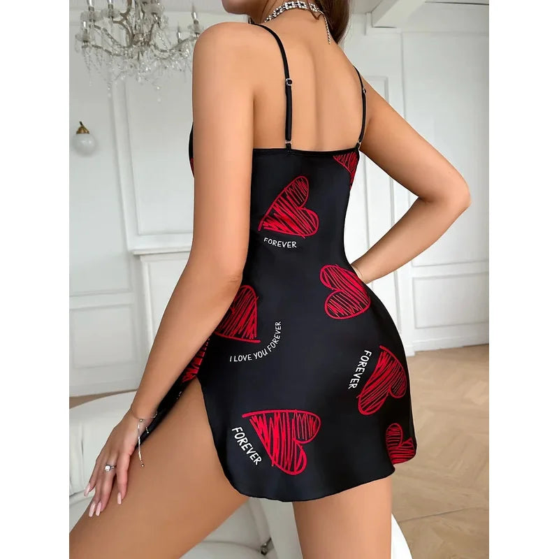 Valentine's Day Red Lip Print Satin Slip Nightdress V Neck Backless Mini Sleep Dress Women's Sleepwear Dresses - LKBA