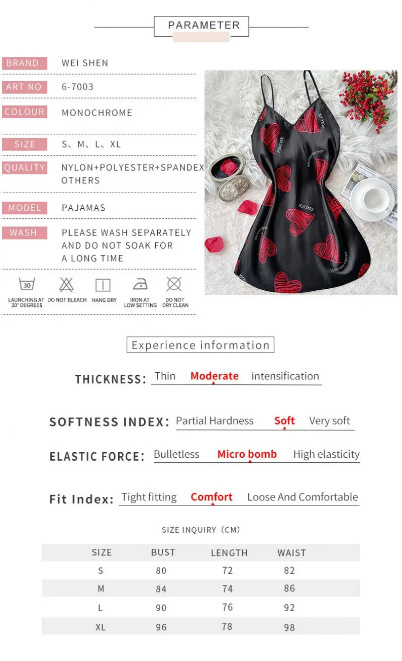 Valentine's Day Red Lip Print Satin Slip Nightdress V Neck Backless Mini Sleep Dress Women's Sleepwear Dresses - LKBA