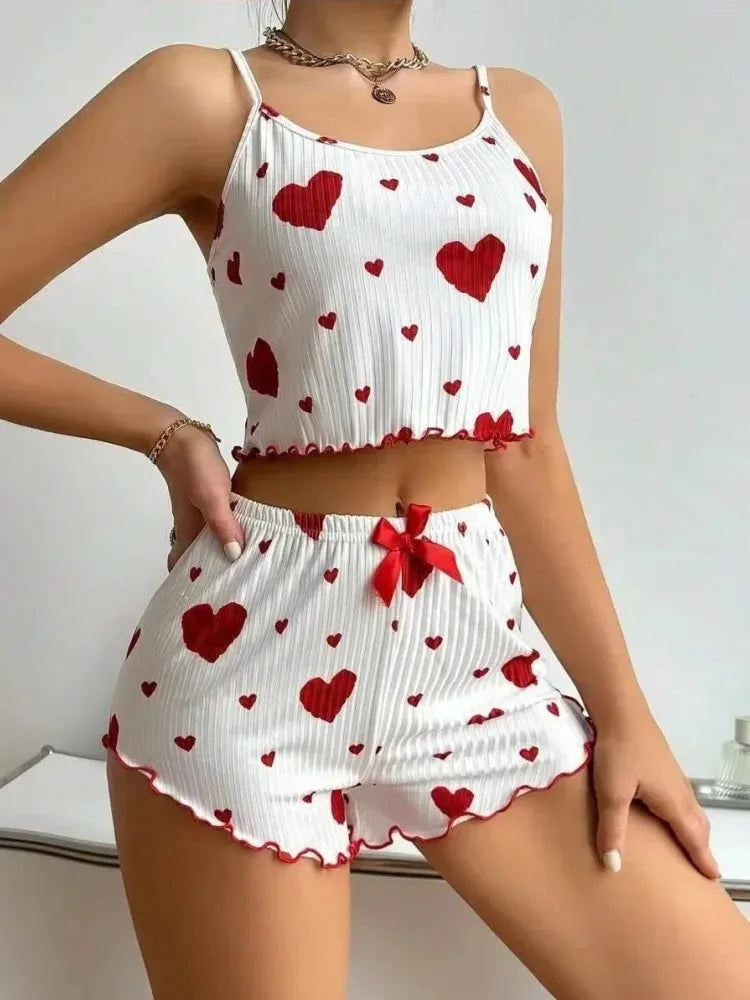 Women Sleepwear Autumn Winter Pajamas Sets Heart Print Sleeveless Cami Vest with Long Pants Trouser Set Sexy Lingerie Pyjamas - LKBA