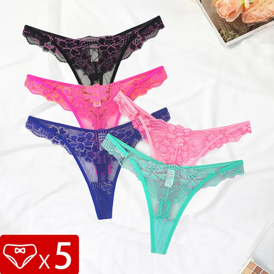 5pcs Lace Ladies G-string Perspective Floral Panties Low Waist Sexy Female Thongs Comfortable Breathable Intimate Lingerie Set - LKBA