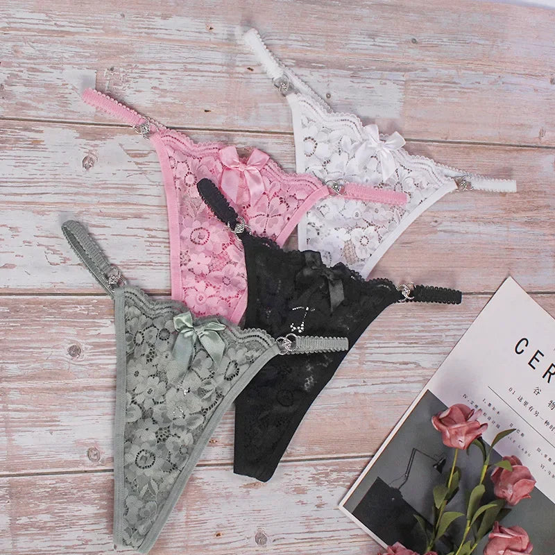 Fashion Sexy Thongs Women Bow Spaghetti Lace Panties Female Plus Size Metal Buckle Erotic Panties Comfortable G-String Wife Gift - LKBA