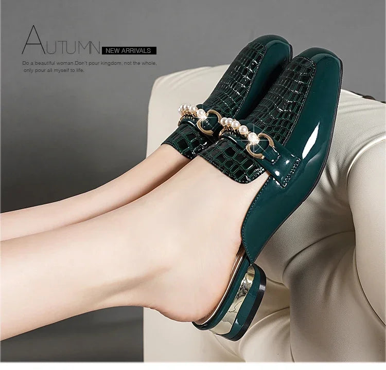 Summer New Pearl Painted Leather Low Heel Women's Slippers High Quality Flat Bottom Half Slippers Comfortable Fashionable - LKBA