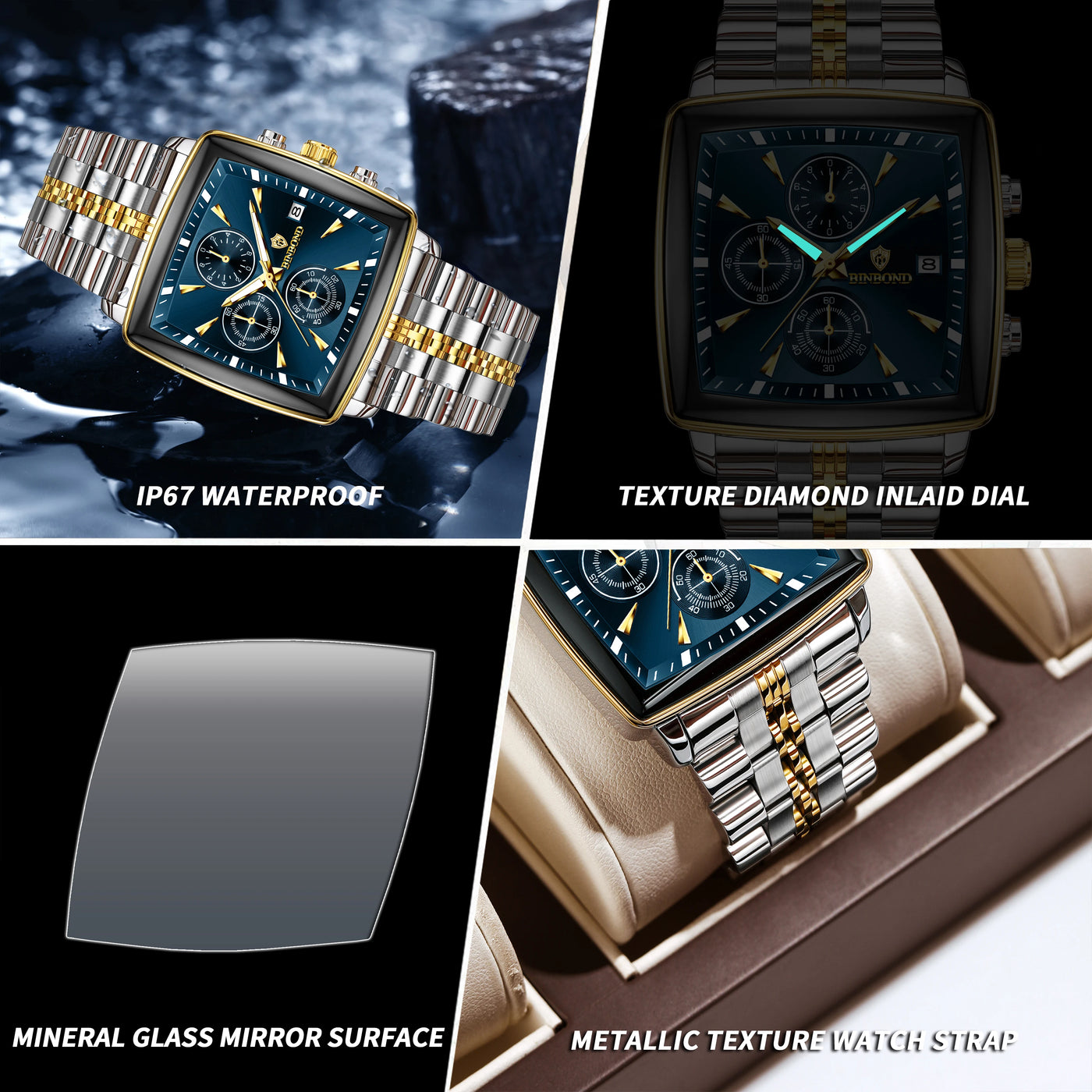 BINBOND Luxury Square Sport Man Wristwatch Waterproof Luminous Chronograph Quartz Men's Watches Stainless Steel Men Watch Reloj - LKBA