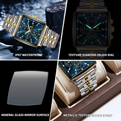 BINBOND Luxury Square Sport Man Wristwatch Waterproof Luminous Chronograph Quartz Men's Watches Stainless Steel Men Watch Reloj - LKBA