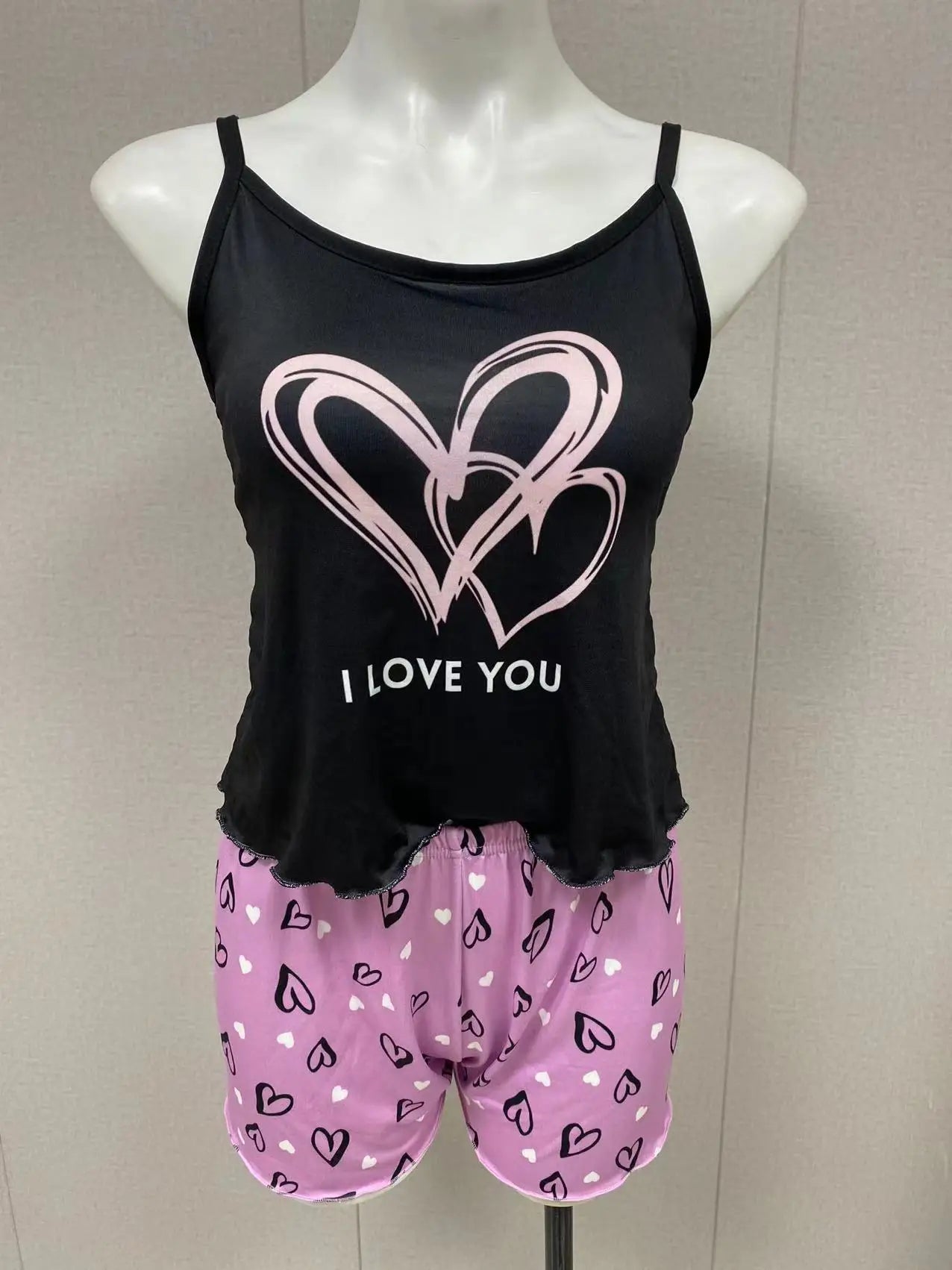 Women's Milk Silk Pajamas Set Summer Sleeveless Heart Print Shorts Sleepwear Sexy Comfortable Loungewear Two Piece - LKBA