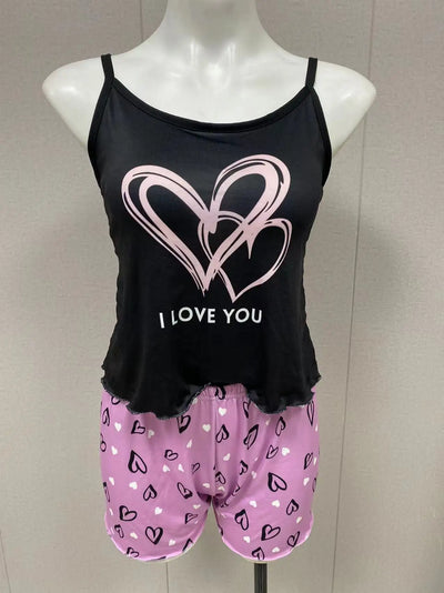 Women's Milk Silk Pajamas Set Summer Sleeveless Heart Print Shorts Sleepwear Sexy Comfortable Loungewear Two Piece - LKBA