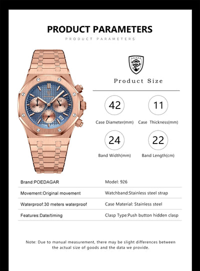 POEDAGAR Original Luxury Men's Watches Date Chronograph Stainless Steel Quartz Watch Waterproof Luminous Fashion Man Wristwatch - LKBA