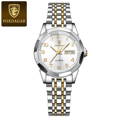 POEDAGAR Fashion Ladies Watch Waterproof Luminous Date Week Watch for Woman High Quality Stainless Steel Women's Quartz Watches - LKBA