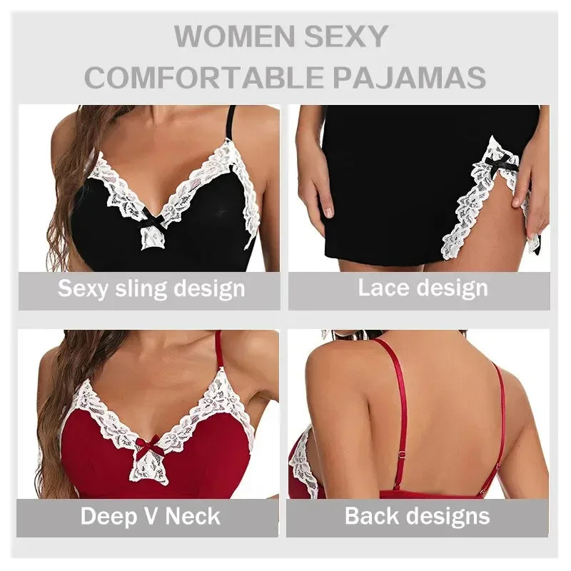 Sexy Sleepwear Women Lace Silk Satin V-Neck Nightgown Split Hem Soft Lingerie Night Dress Sleeveless Sleepwear Female Clothes - LKBA