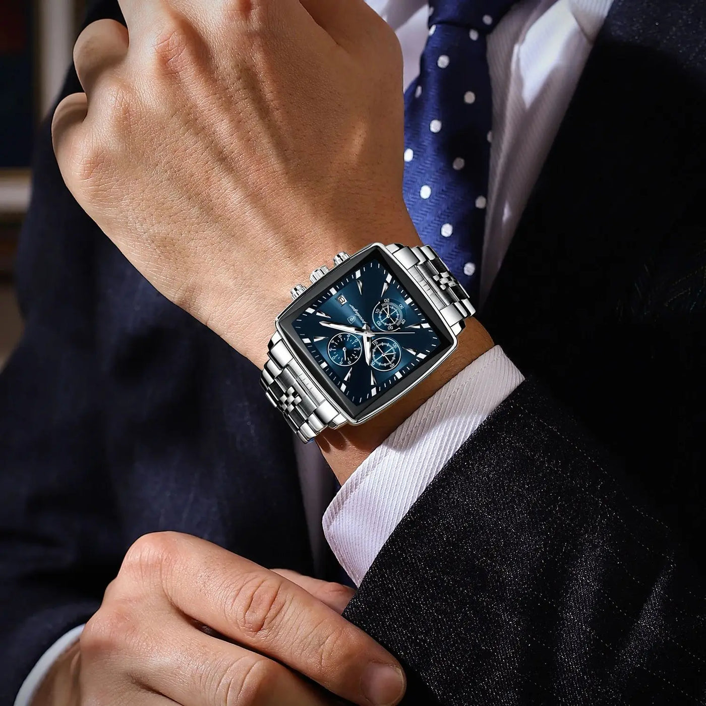 POEDAGAR Square Men Watch Waterproof Luminous Chronograph Calendar Man Wristwatch Stainless Steel Quartz Men's Watches+Box Reloj - LKBA