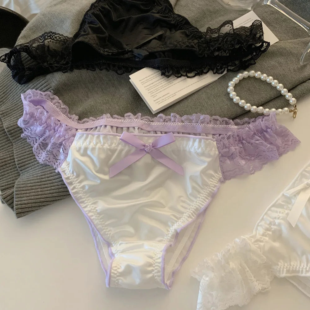 Women's Panties Lace Ruffle Satin Sexy Underwear Women's Low Waist Mesh Hollow Out Panties Sweet Girl Breathable  Briefs Lingeri - LKBA