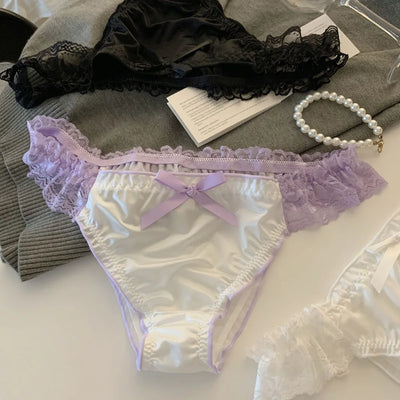 Women's Panties Lace Ruffle Satin Sexy Underwear Women's Low Waist Mesh Hollow Out Panties Sweet Girl Breathable  Briefs Lingeri - LKBA