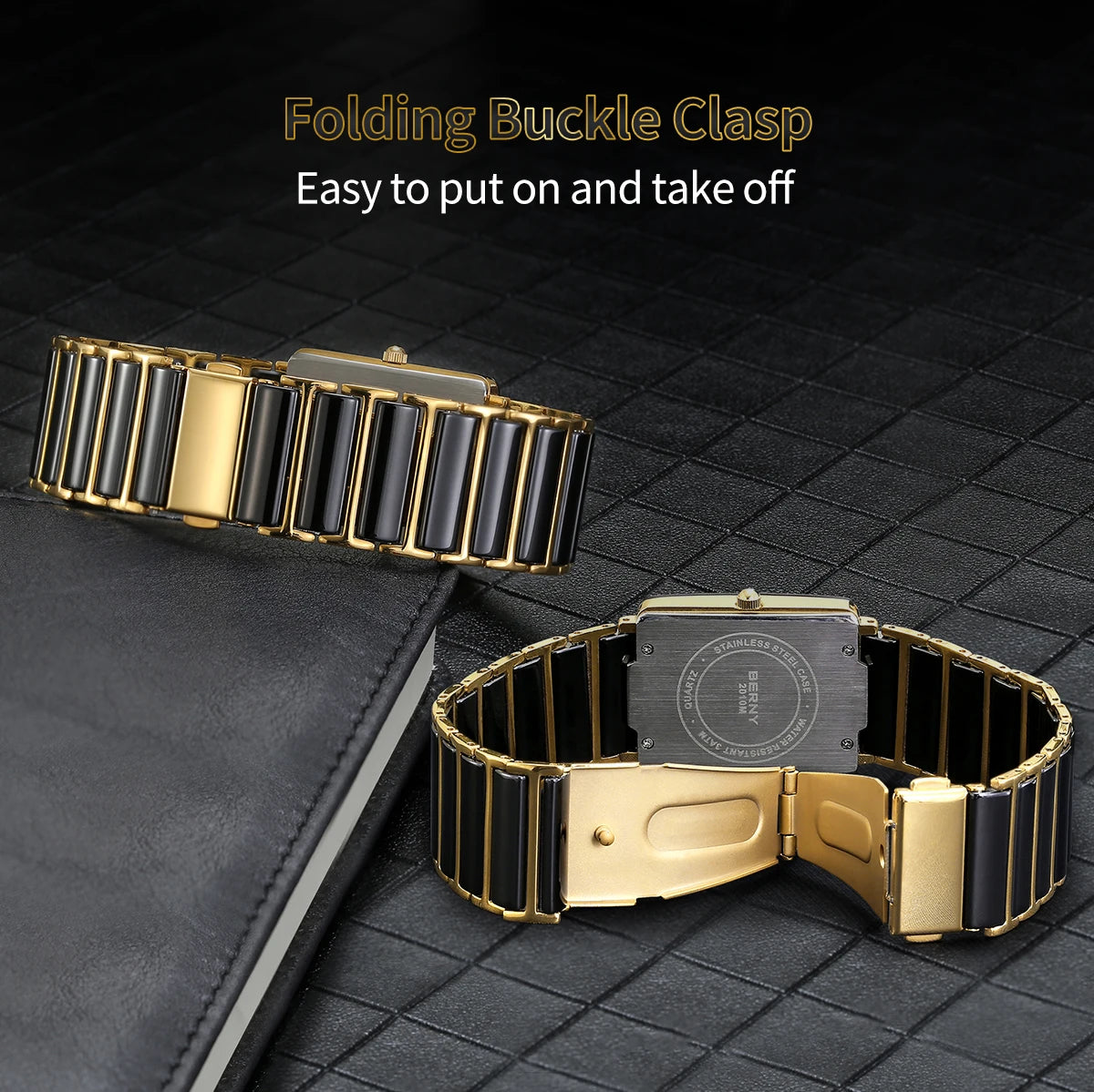 BERNY Ceramic Quartz Men Watch Fashion Luxury Rectangle Wristwatch XV12 Waterproof Calendar Diamon Black Gold Couple Gifts Watch - LKBA