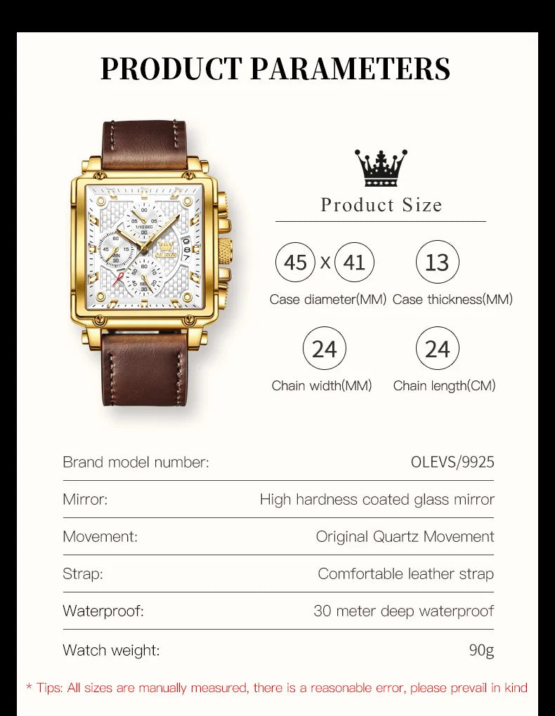 OLEVS Men's Top Brand Square Quality Quartz Wristwatch Chronograph Waterproof Original Watch for Man Luminous Date Luxury - LKBA