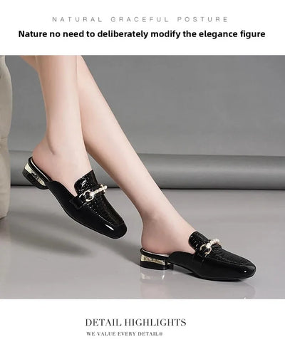 Summer New Pearl Painted Leather Low Heel Women's Slippers High Quality Flat Bottom Half Slippers Comfortable Fashionable - LKBA