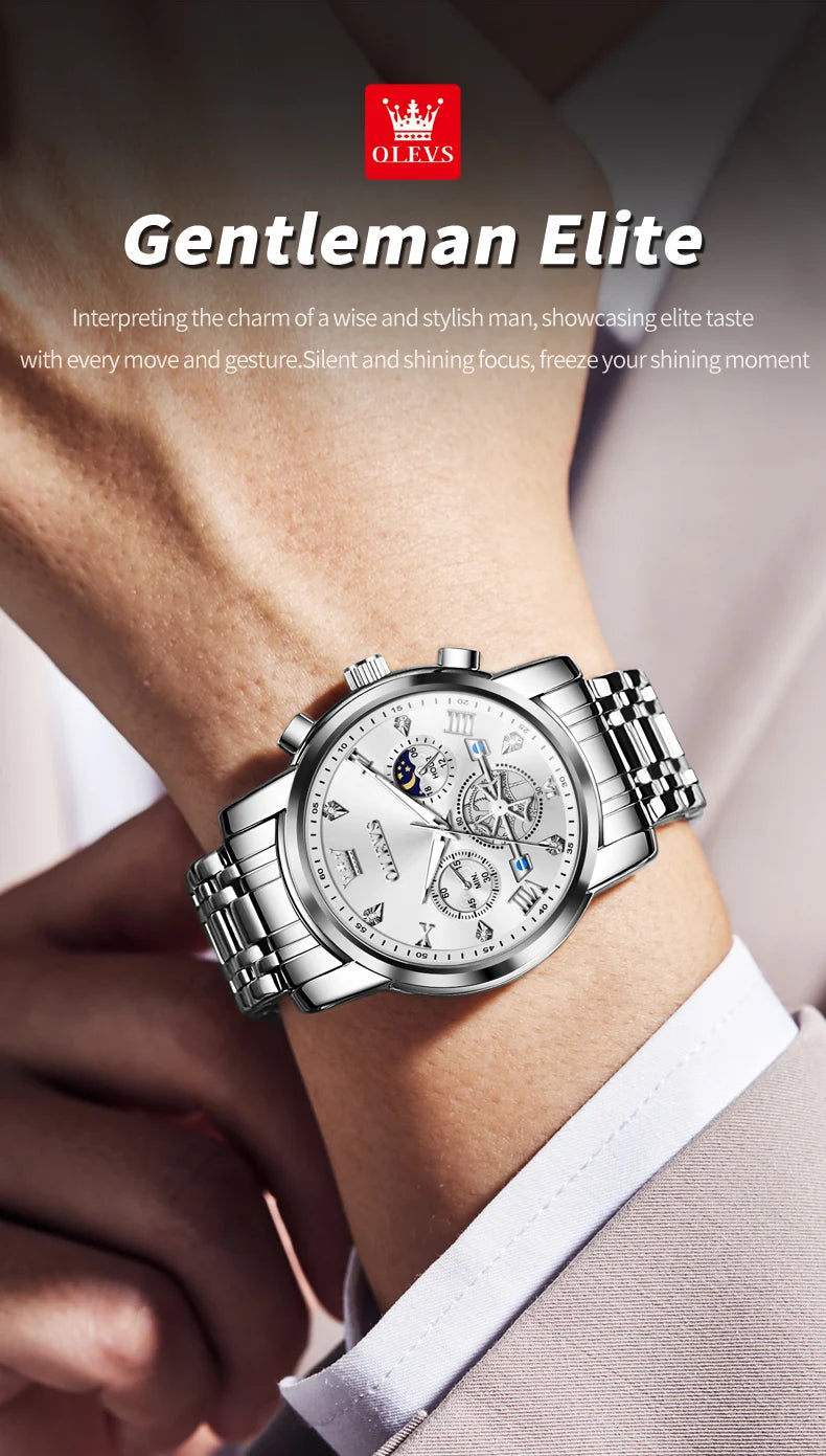 OLEVS 2856 Quartz Watch for Men Flywheel Skeleton Chronograph Moon Phase Multifunctional Stainless steel Men's Wristwatches
