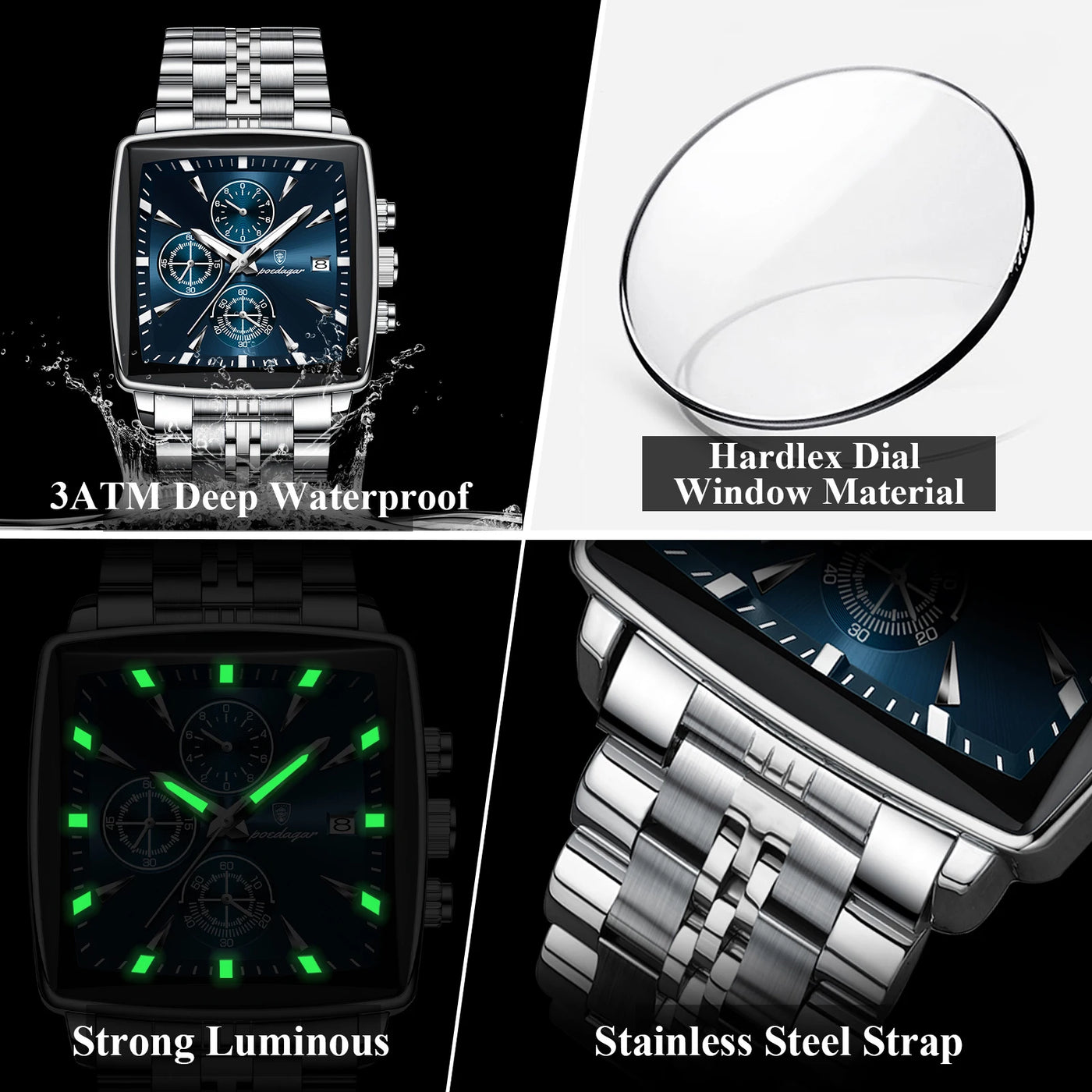 POEDAGAR Square Men Watch Waterproof Luminous Chronograph Calendar Man Wristwatch Stainless Steel Quartz Men's Watches+Box Reloj - LKBA