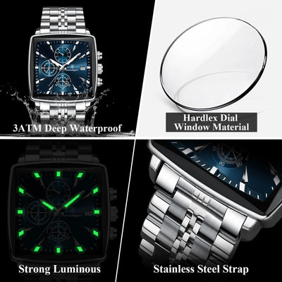 POEDAGAR Square Men Watch Waterproof Luminous Chronograph Calendar Man Wristwatch Stainless Steel Quartz Men's Watches+Box Reloj - LKBA