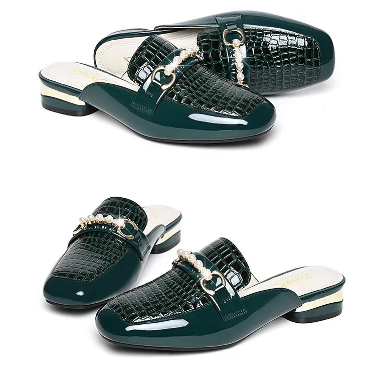 Summer New Pearl Painted Leather Low Heel Women's Slippers High Quality Flat Bottom Half Slippers Comfortable Fashionable