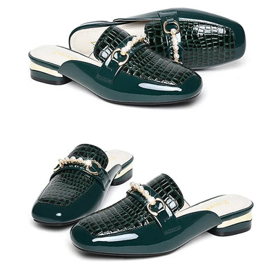 Summer New Pearl Painted Leather Low Heel Women's Slippers High Quality Flat Bottom Half Slippers Comfortable Fashionable