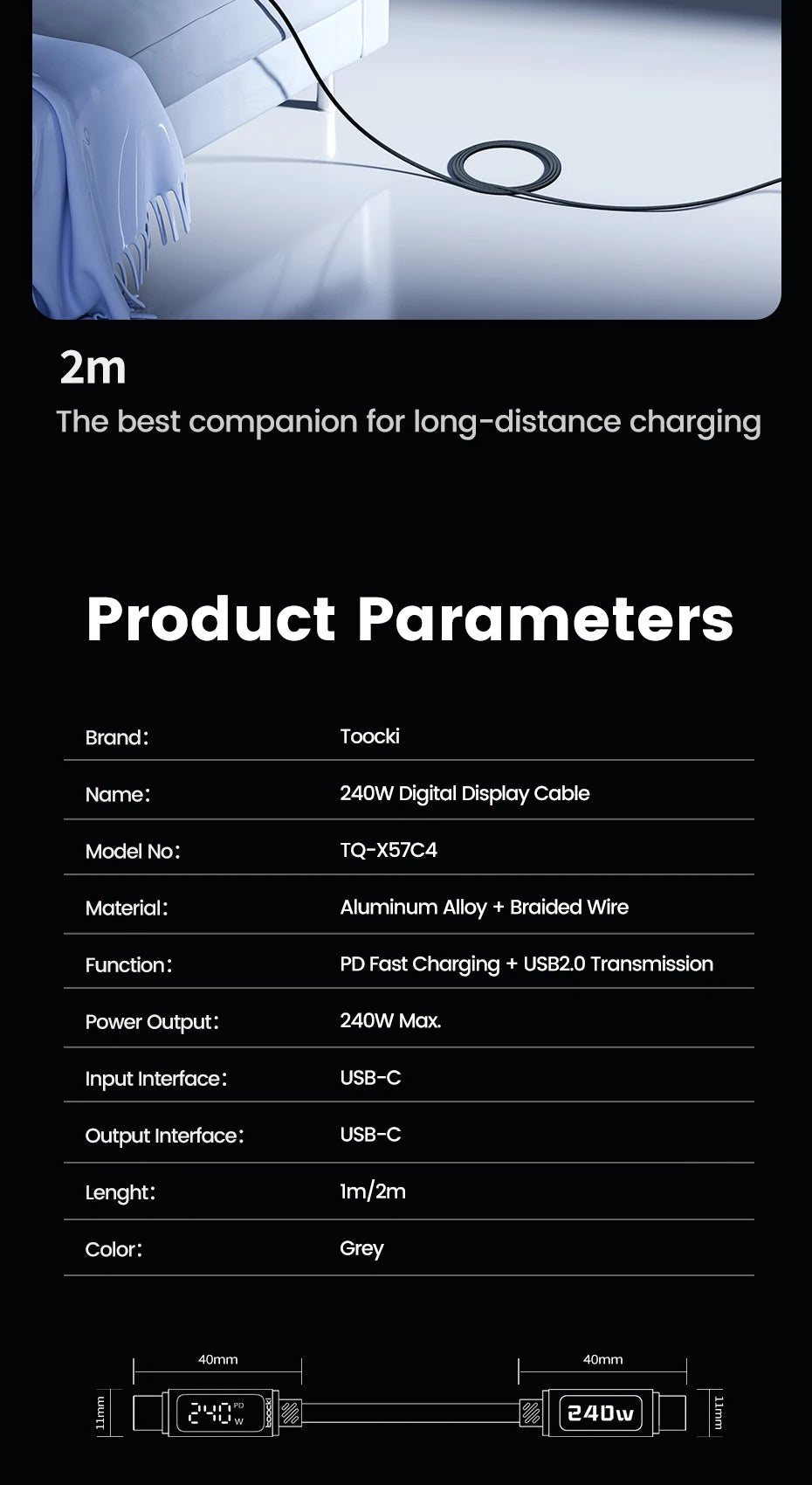 Toocki 240W Type C to Type C Cable PD3.1 Digital Display 100W Fast Charging USB C Cable for Macbook iPhone 16 15 Samsung Xiaomi - LKBA