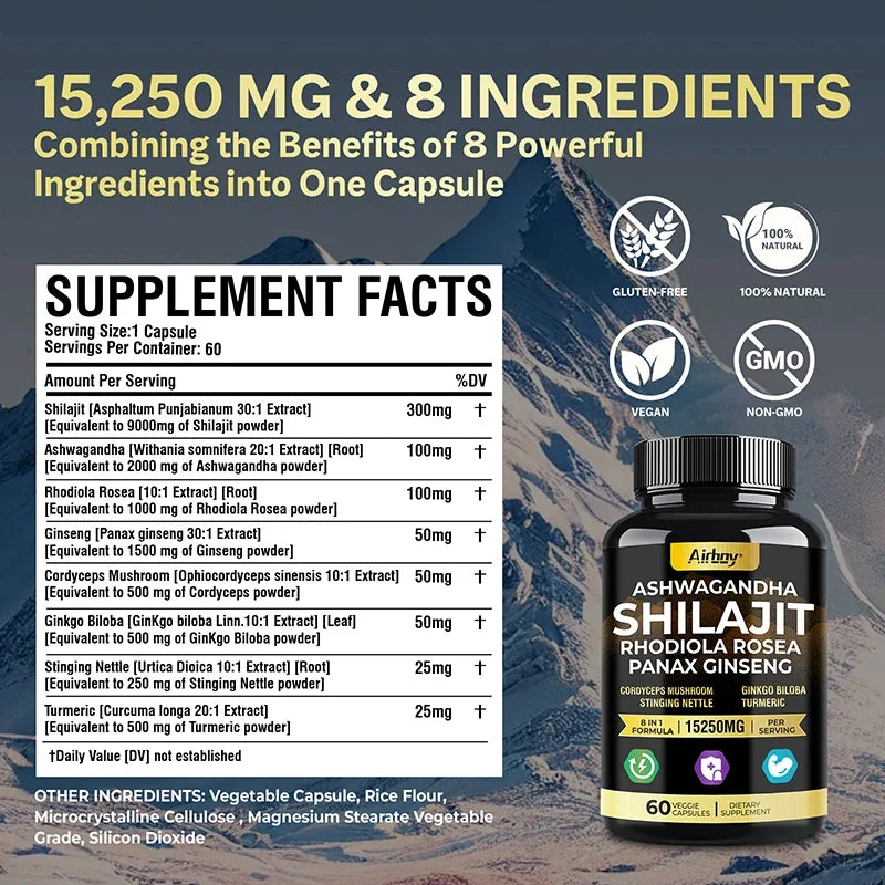 Ashwagandha, Shilajit, Rhodiola, Ginseng Capsules - Increase Muscle Mass, Improve Endurance, Energy Supplement - LKBA