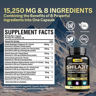 Ashwagandha, Shilajit, Rhodiola, Ginseng Capsules - Increase Muscle Mass, Improve Endurance, Energy Supplement - LKBA