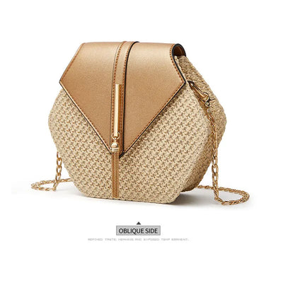 Shape Straw PU Leather Handbag Women Summer Rattan Bag Handmade Woven Beach Bohemia Chain Strap Shoulder - LKBA