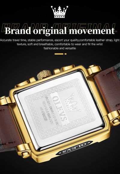 OLEVS Luxury Classic Men's Watches Top Brand Original Quartz Square Quartz Watch for Man Leather Strap Waterproof Luminous Date - LKBA