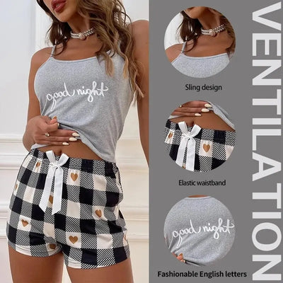 Summer Women's Sexy Camisole Pajama Set Women's Printed Letter Top Paired with Checkered Printed Shorts Home Pajama Set - LKBA