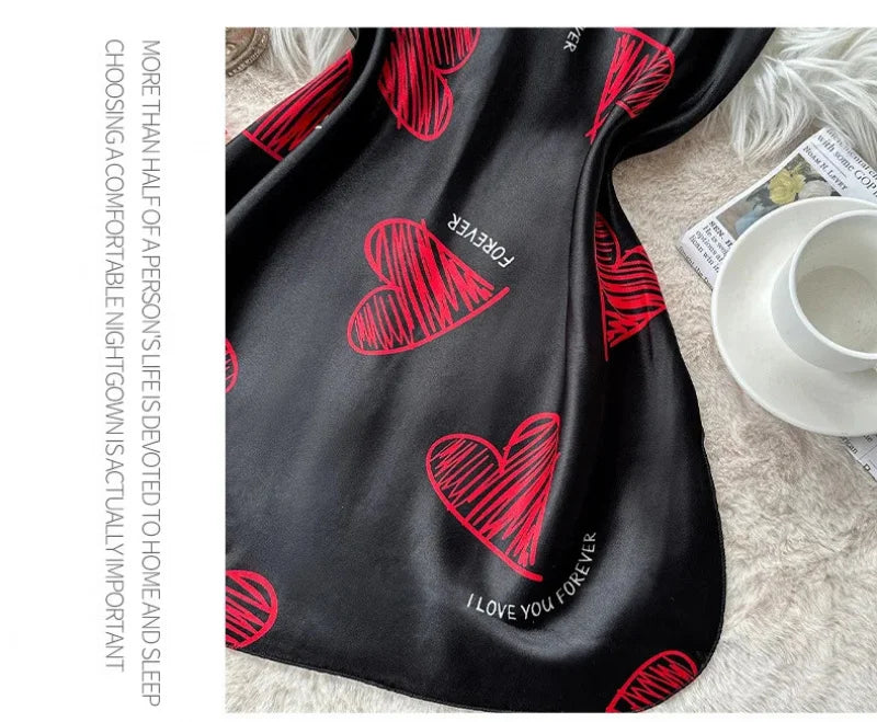 Valentine's Day Red Lip Print Satin Slip Nightdress V Neck Backless Mini Sleep Dress Women's Sleepwear Dresses - LKBA