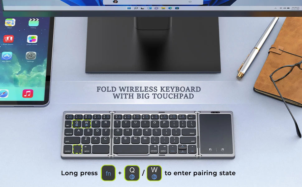 Bluetooth 5.1 Keyboard 3-Folding Mini Keyboard Rechargeable Foldable Keyboard with Touchpad - LKBA