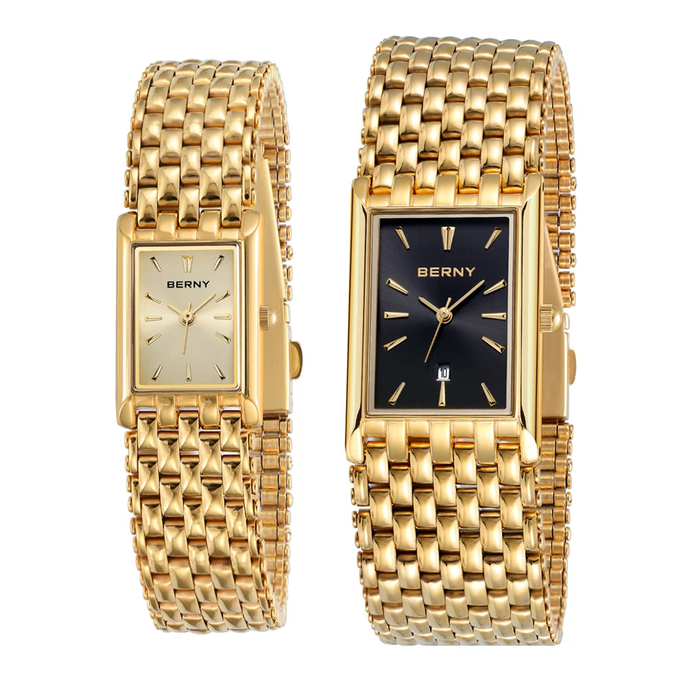 BERNY Gold Watch for Couple Luxury Women/Men Wristwatch Waterproof Golden Clock Quartz Stainless Steel Fashion Men Ladies Watch - LKBA