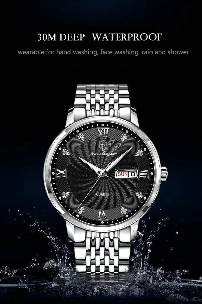 POEDAGAR Luxury Brand Man Watch Waterproof Luminous Date Week Men's Quartz Wristwatch Stainless Steel Fashion Sports Men Watches - LKBA