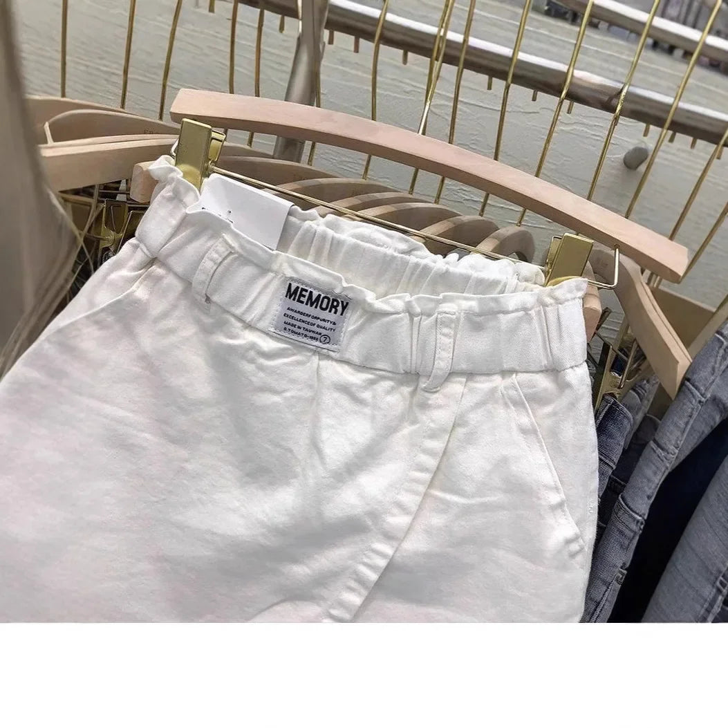 High-Waisted Cotton Mini Dress Plus Size Two-Piece Illusion Pants Skirt Slimming A- Line Half Body For Women Spring Summer White - LKBA