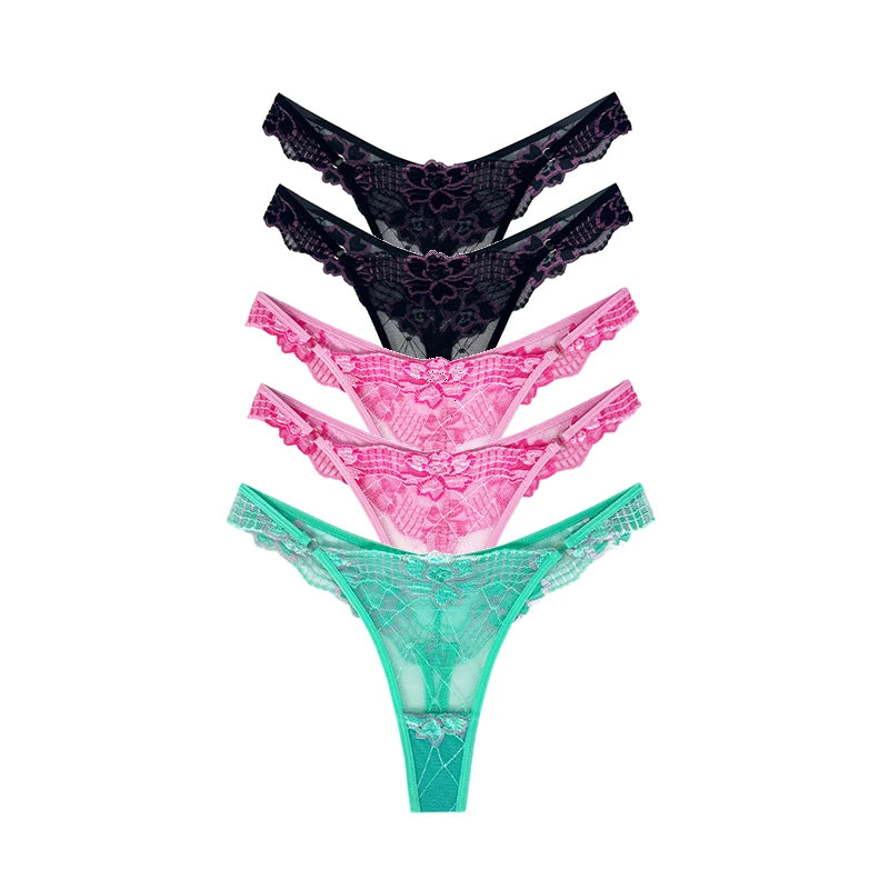 5pcs Lace Ladies G-string Perspective Floral Panties Low Waist Sexy Female Thongs Comfortable Breathable Intimate Lingerie Set - LKBA