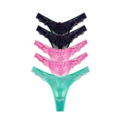 5pcs Lace Ladies G-string Perspective Floral Panties Low Waist Sexy Female Thongs Comfortable Breathable Intimate Lingerie Set - LKBA