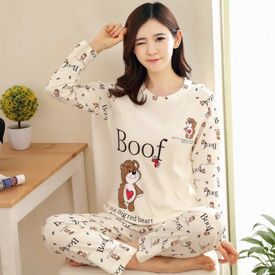 Autumn 2pieces Pyjamas Set Women Thin Sexy Sleepwear Lovely Home Suit 2025 Round Neck Girls Teacup Sleepwear Long Sleeve Pajamas - LKBA