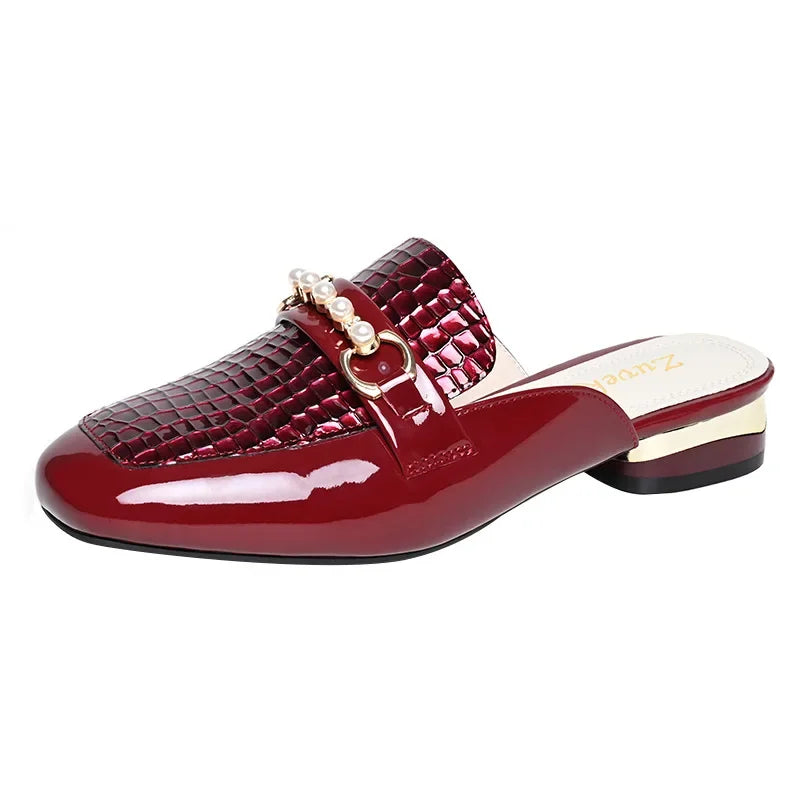 Summer New Pearl Painted Leather Low Heel Women's Slippers High Quality Flat Bottom Half Slippers Comfortable Fashionable - LKBA