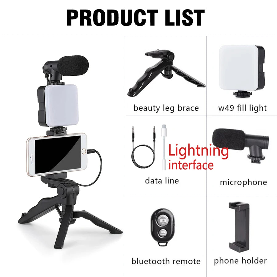 Smartphone Vlogging Kit with Tripod Phone Holder Mini Microphone LED Fill Light - LKBA