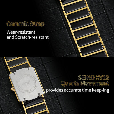 BERNY Ceramic Quartz Men Watch Fashion Luxury Rectangle Wristwatch XV12 Waterproof Calendar Diamon Black Gold Couple Gifts Watch - LKBA