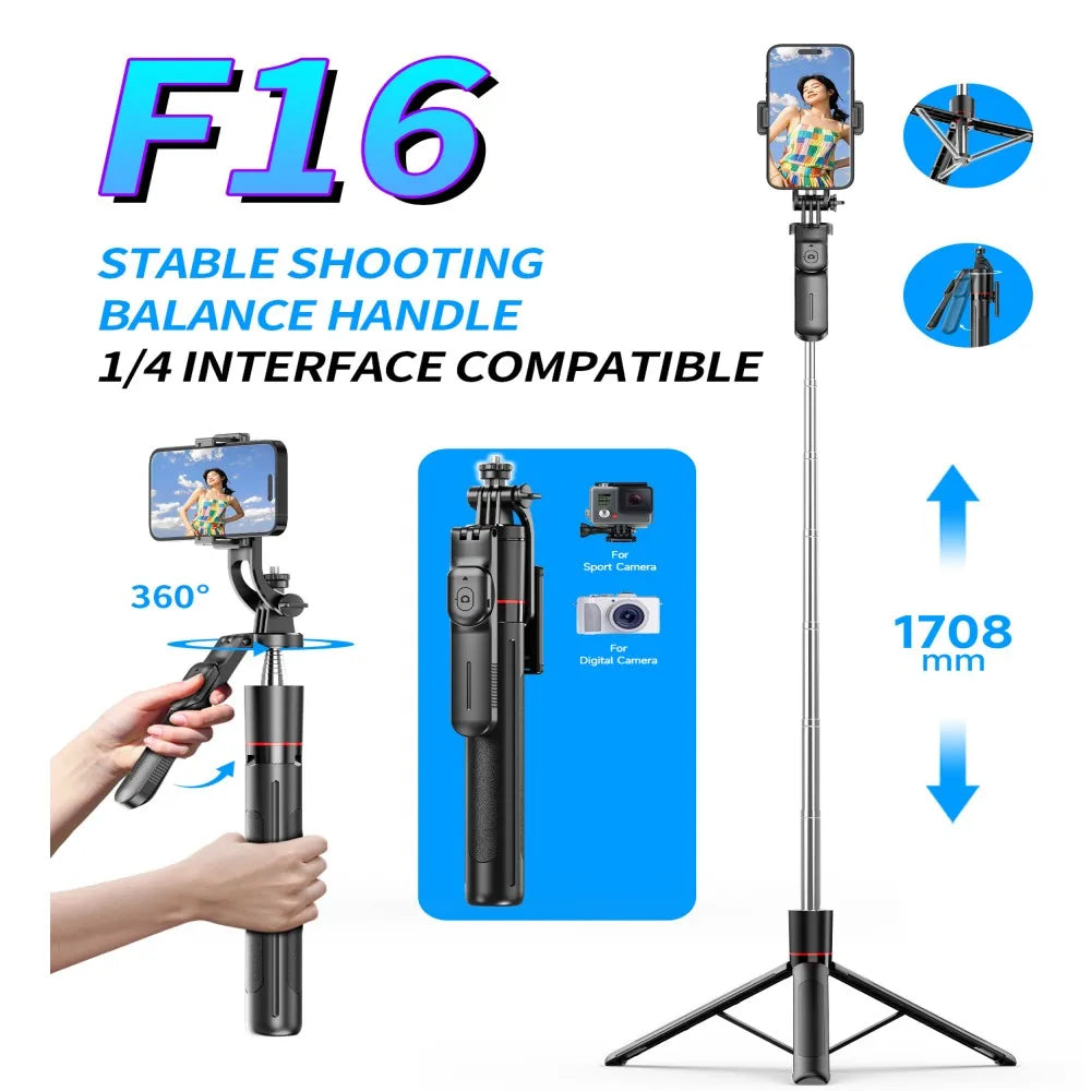 Selfie Stick Tripod with 1708mm Long Monopod Fill Light, Bluetooth Remote, 360° Rotation - LKBA