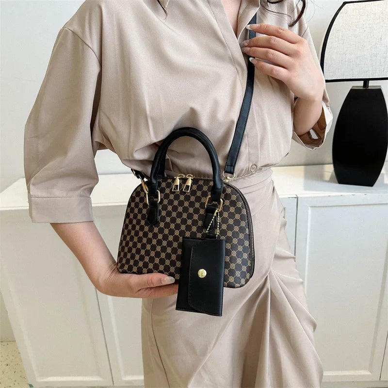Luxury Shell Fashion Women's Handbag Simple Shoulder Bag Plaid Print Crossbody Bag with Mini Purse - LKBA