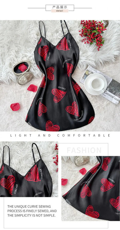 Valentine's Day Red Lip Print Satin Slip Nightdress V Neck Backless Mini Sleep Dress Women's Sleepwear Dresses - LKBA