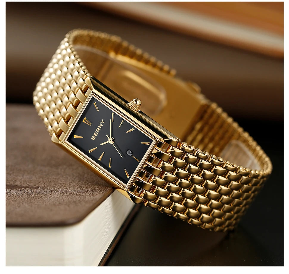 BERNY Gold Watch for Couple Luxury Women/Men Wristwatch Waterproof Golden Clock Quartz Stainless Steel Fashion Men Ladies Watch - LKBA