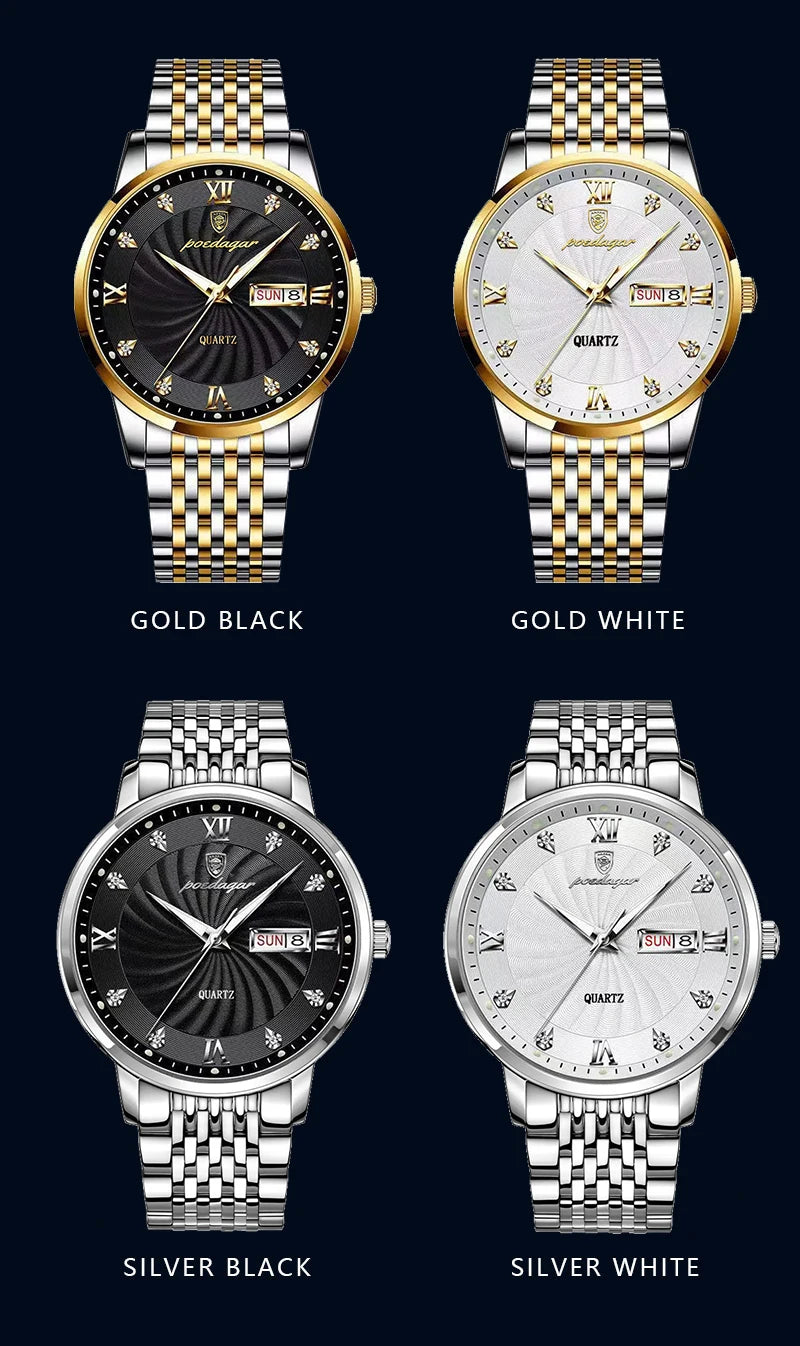 POEDAGAR Luxury Brand Man Watch Waterproof Luminous Date Week Men's Quartz Wristwatch Stainless Steel Fashion Sports Men Watches - LKBA