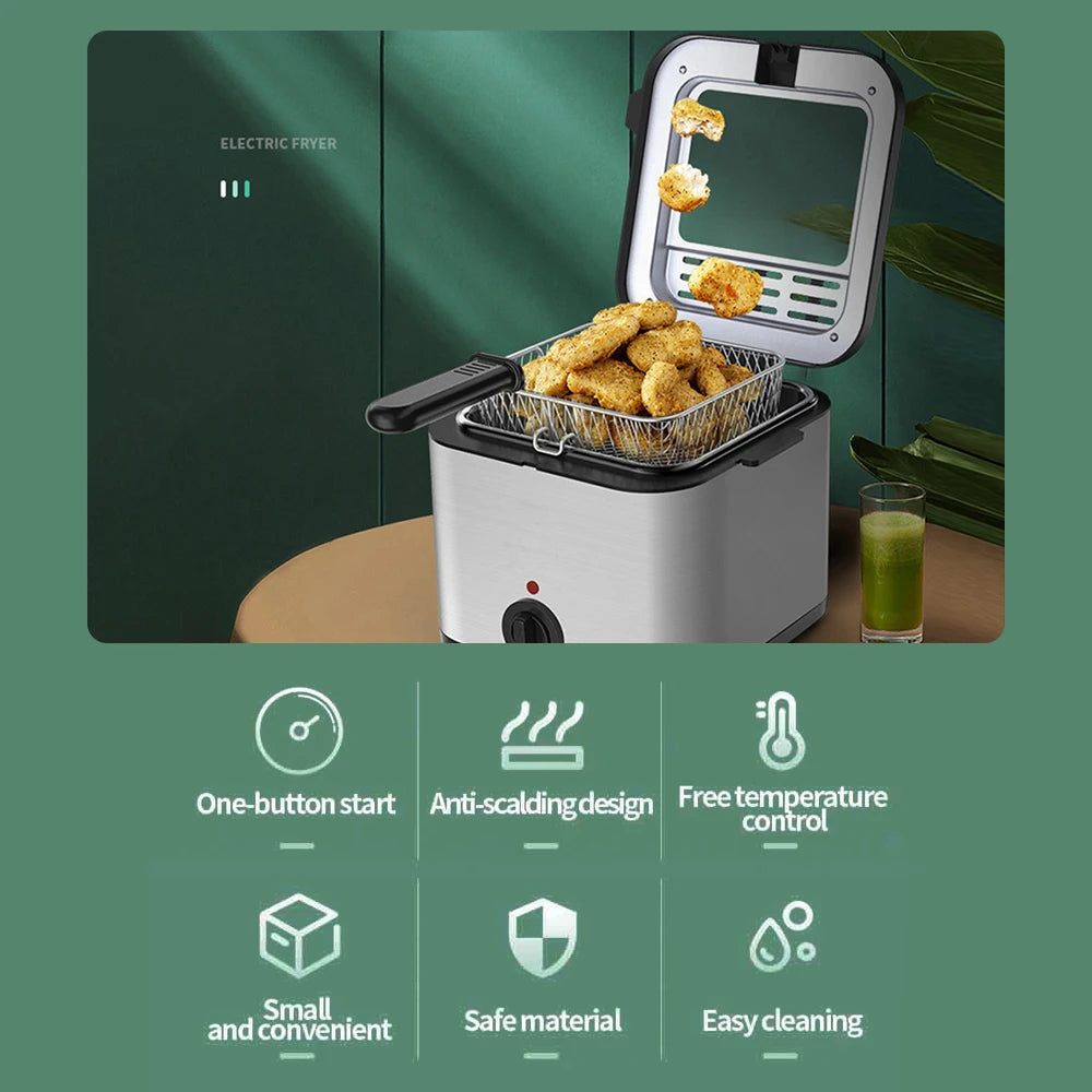 2.5L Electric Fryer Household Mini Electric Fryer 1000W Multiple Function Stainless Steel Fryer Kebab French Fries Machine - LKBA